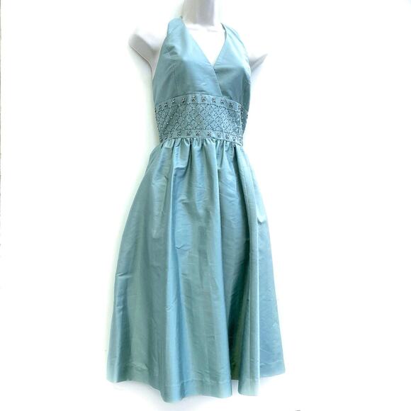 Vintage Anne Klein 100% Silk Seaglass Halter Dress | Beaded Waist | 50s Inspired - Picture 4 of 16